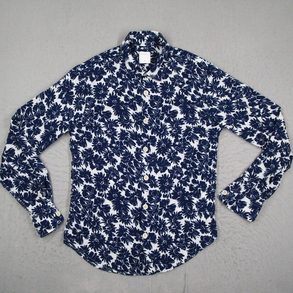 Sandro Paris Mens Floral Viscose Button Down Shirt Navy Blue White L C11799S